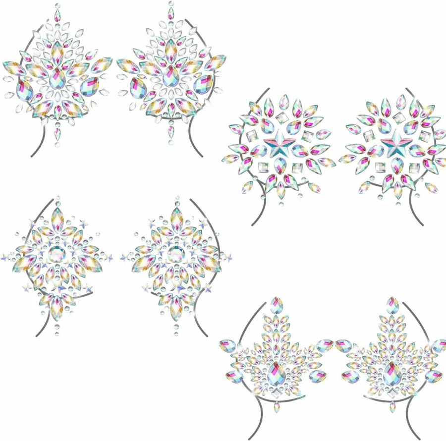 Geyoga 4 Pcs Crystal Rhinestone Pasties Reusable Breast Covers Body Jewelry Adhesive Stickers for Women