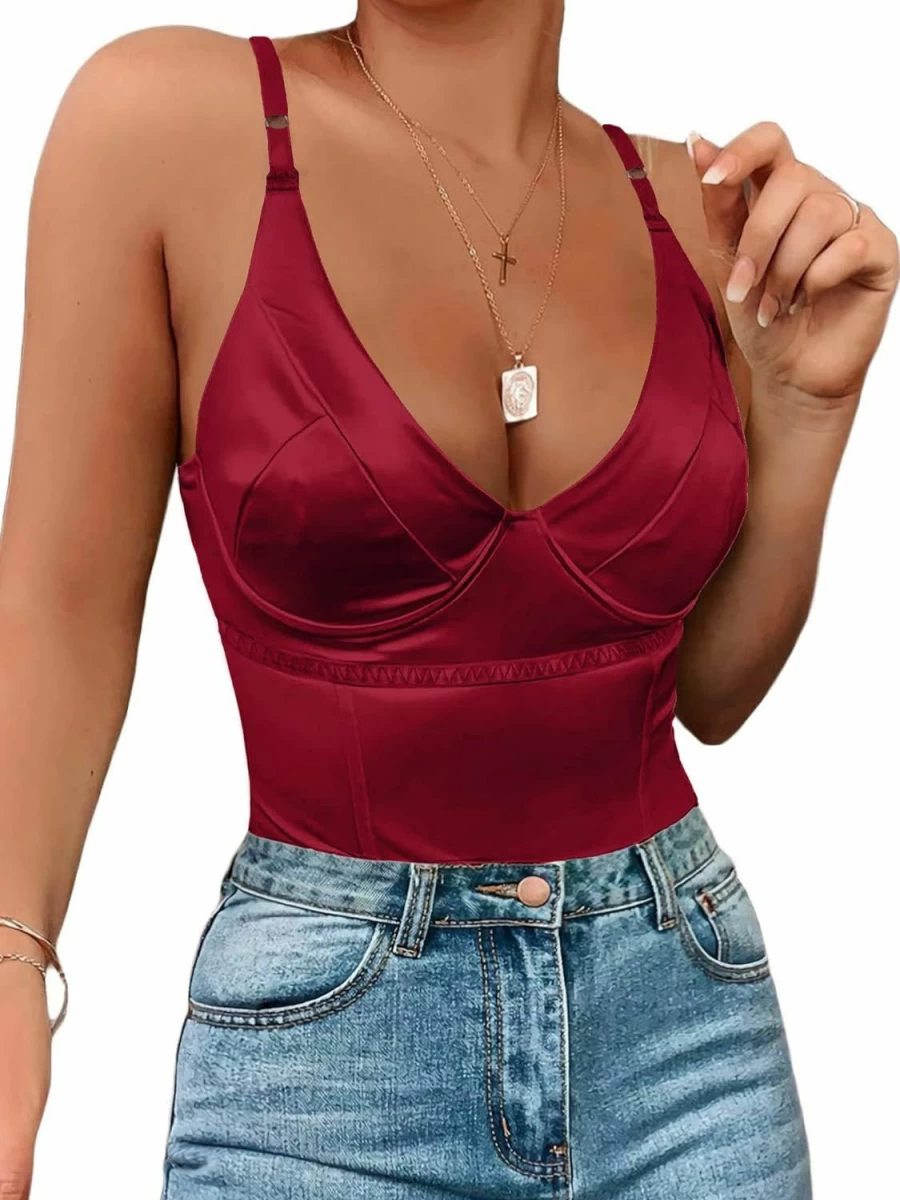 Dlsave Women's Neon Satin Corset Top - Deep V Neck Sexy Bodysuit for Going Out & Nightlife