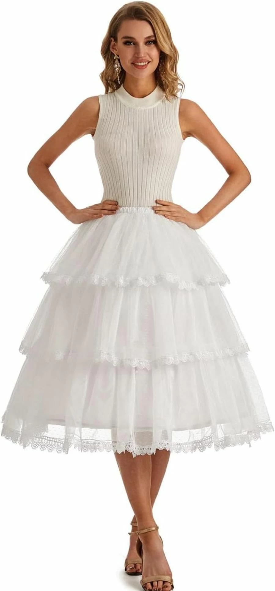 Aprildress Women's White 3-Layer Hoop Petticoat Underskirt for Cosplay - Knee to Mid-Calf Crinoline Skirt PPT630
