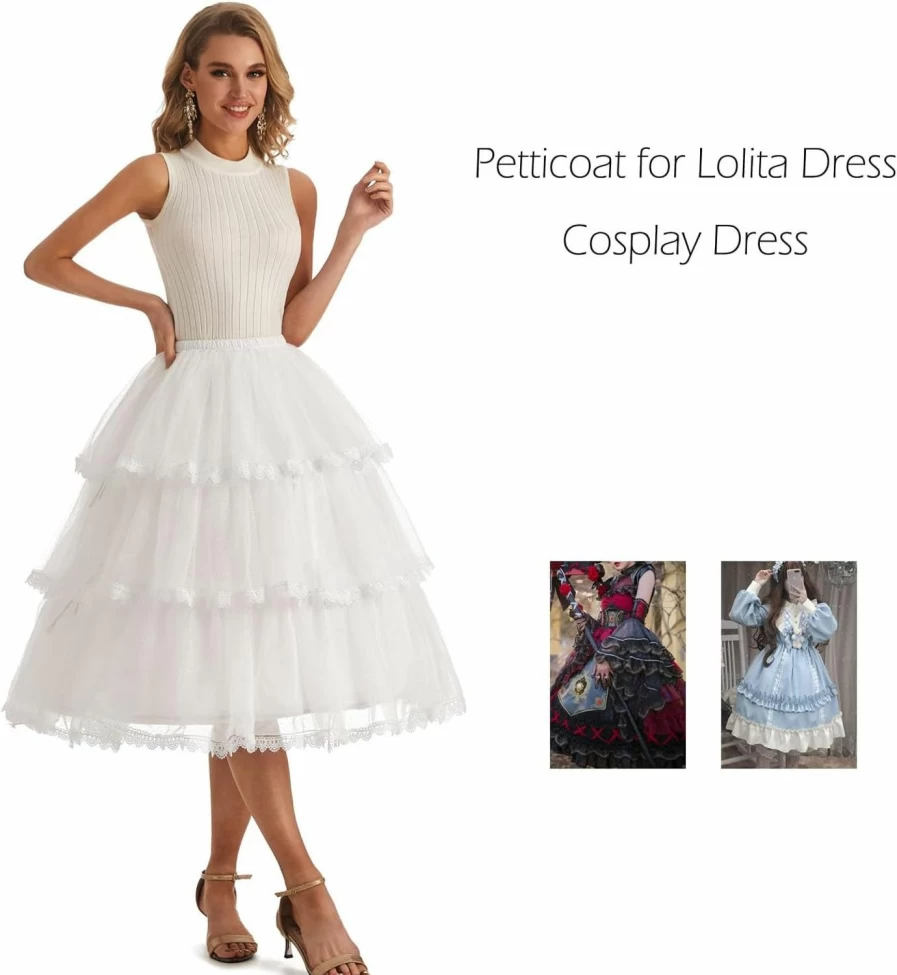 Aprildress Women's White 3-Layer Hoop Petticoat Underskirt for Cosplay - Knee to Mid-Calf Crinoline Skirt PPT630