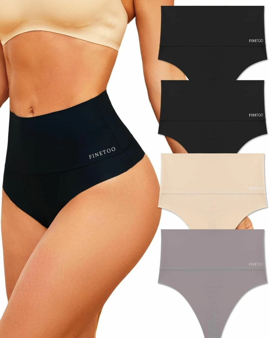 FINETOO Women's High Waisted Seamless Thongs 4-Pack - Tummy Control Shapewear No Show Panties for Women S-3XL
