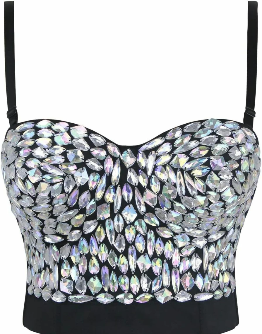 Charmian Women's Sexy Rhinestone Push Up Bra Lace Bustier Crop Top for Club Party Wear