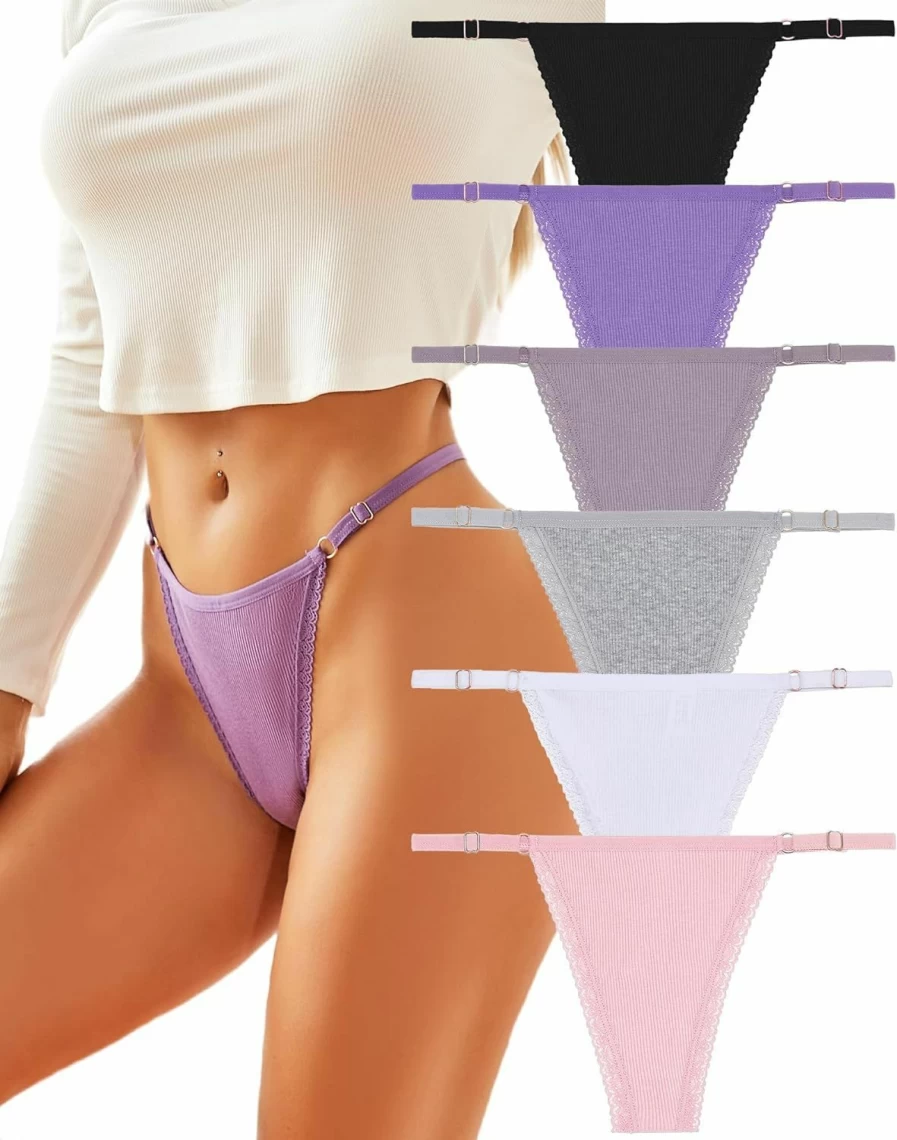 FINETOO Women's Adjustable G-String Thong Panties 6-Pack - Low Rise T-Back, Cotton Lace Trim, Breathable Comfort (S-XL)