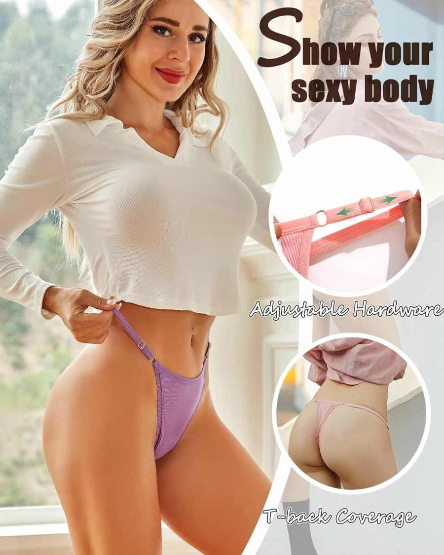 FINETOO Women's Adjustable G-String Thong Panties 6-Pack - Low Rise T-Back, Cotton Lace Trim, Breathable Comfort (S-XL)