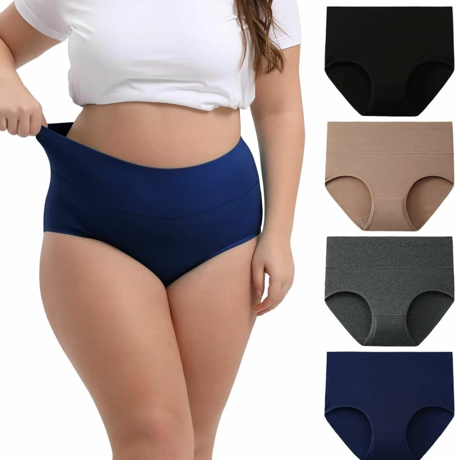 INNERSY Women's Plus Size Cotton Underwear High Waisted Briefs Panties 4-Pack - XL to 5XL Comfortable Breathable Soft Full Coverage