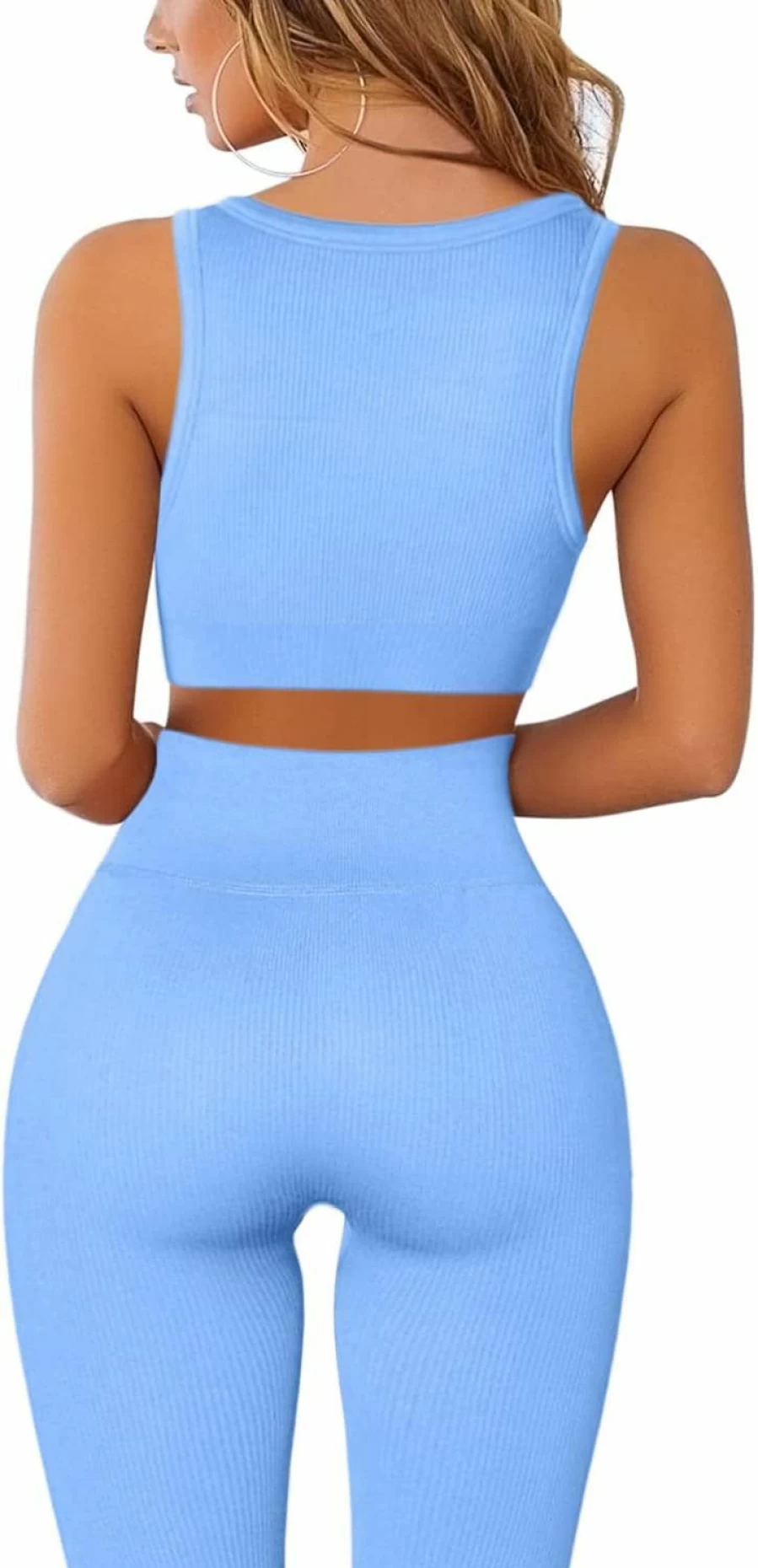 QINSEN Women's 2-Piece Seamless Yoga Set - Ribbed Crop Tank & High Waist Workout Leggings for Fitness & Gym