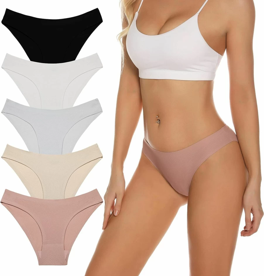 Jaywan Women's Seamless No Show Cheeky Bikini Underwear 5-Pack - Breathable Stretch Invisible Panties for Comfort (S-XL)