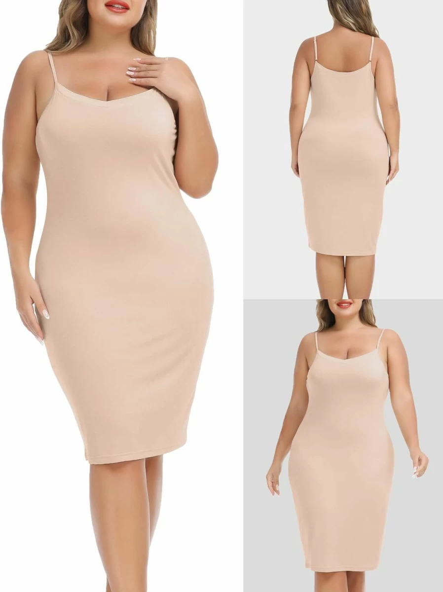 Vlazom Women's Plus Size V-Neck Slip Dress - Adjustable Spaghetti Strap Nightgown & Casual Mini Dress for Layering