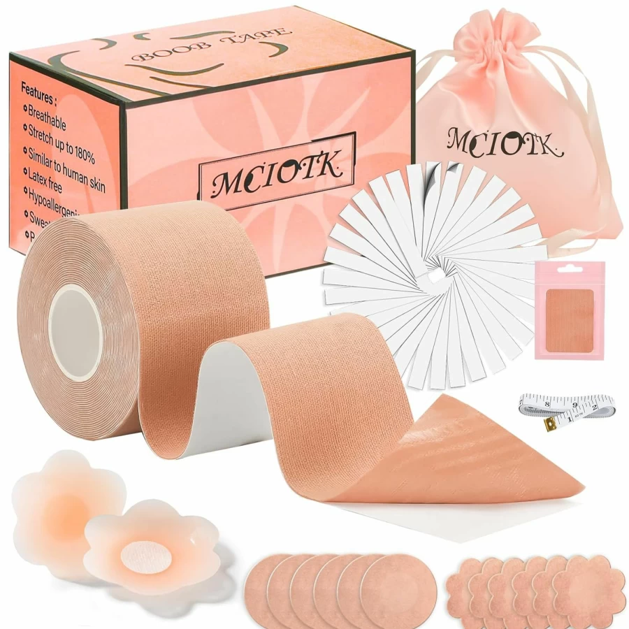 Mciotk Breast Lift Tape Kit - 1 Body Tape, 2 Silicone Petals, 12 Satin Nipple Covers, 36 Double-Sided Tapes for Large Breasts A-G Cup, Brown Boob Tape for Support & Comfort