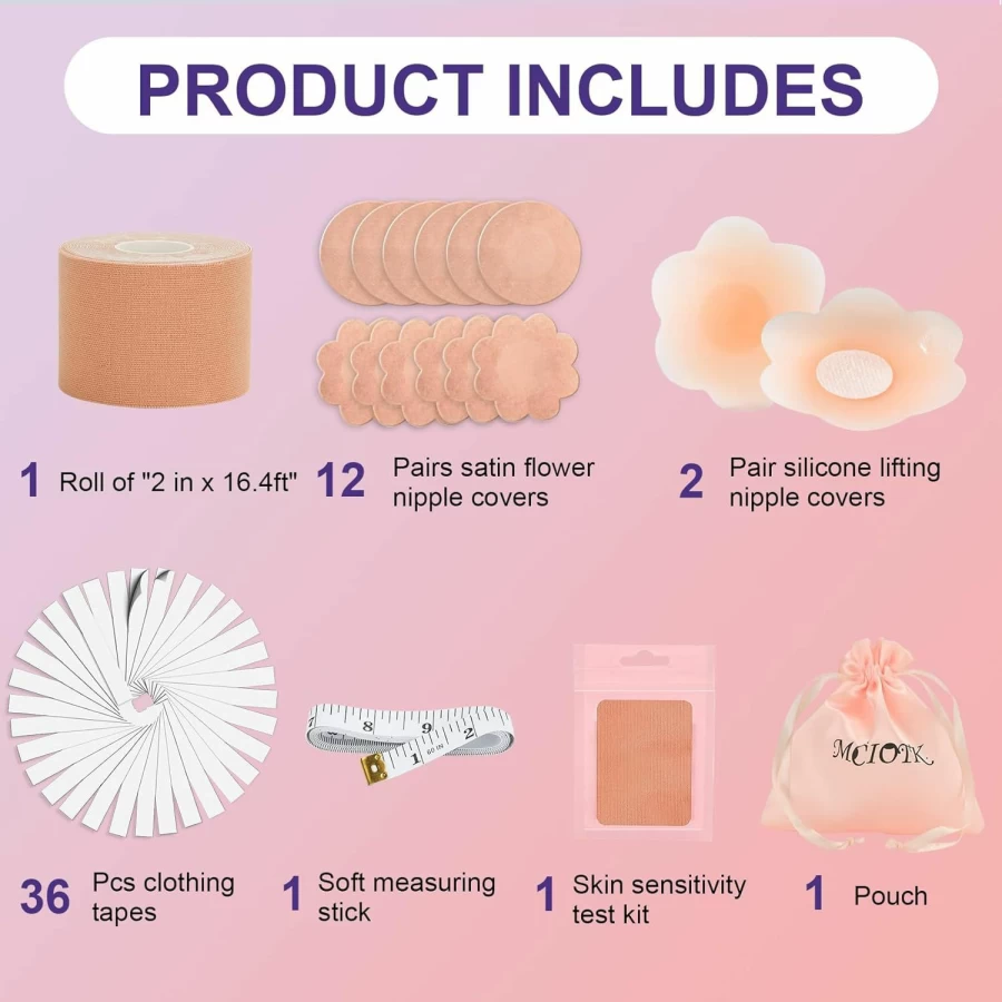 Mciotk Breast Lift Tape Kit - 1 Body Tape, 2 Silicone Petals, 12 Satin Nipple Covers, 36 Double-Sided Tapes for Large Breasts A-G Cup, Brown Boob Tape for Support & Comfort