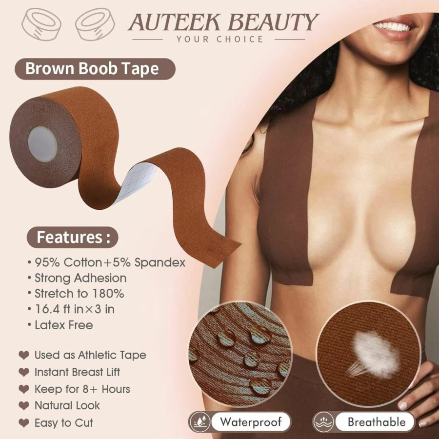 Auteek 3" Extra Wide Boob Tape for Large Breasts - XL Breast Lift Tape with 2 Reusable Nipple Covers - Strong Hold Adhesive Bra for Support & Lift