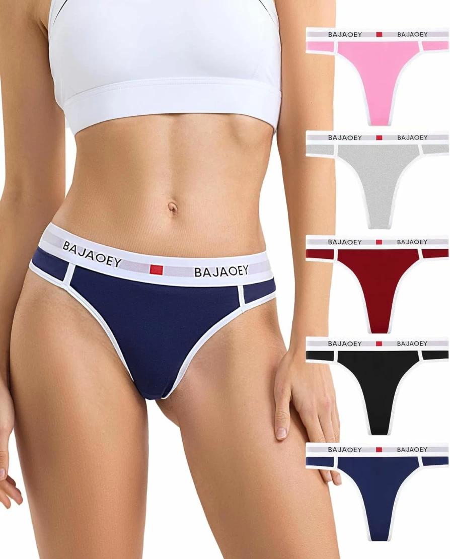 BAJAOEY Women's Cotton Thongs 5-Pack - Breathable Soft Cheeky Panties S-XL Comfortable Underwear for Ladies