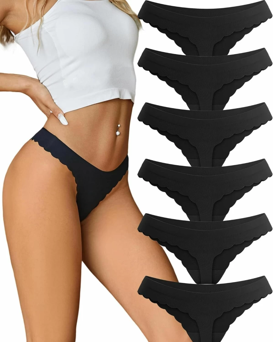 FINETOO 6 Pack Women's Seamless Thong Panties No Show Wavy Edge Underwear Sexy Comfortable S-XL