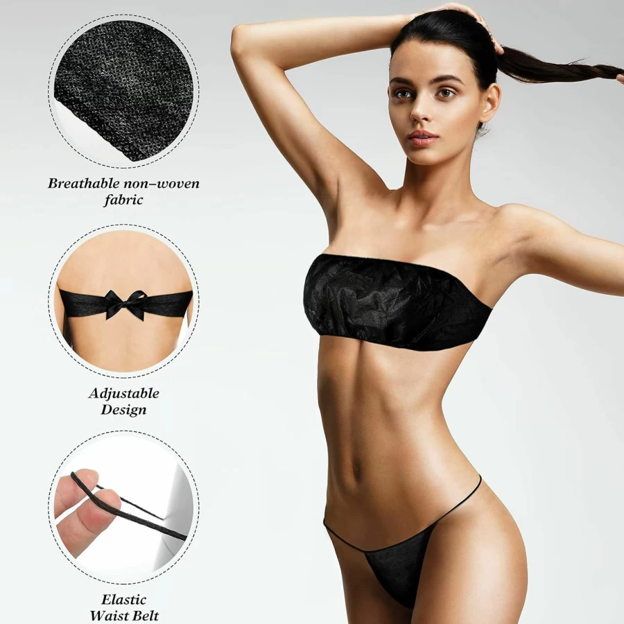 Geyoga 100-Pack Disposable Women's Underwear Set: Breathable Bras & Thongs for Travel, Spa, and Postpartum Comfort (Black)