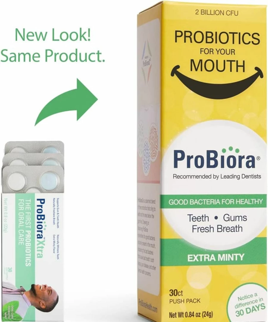 ProBiora Health Extra Minty Dental Probiotic Tablets for Teeth & Gum Health – Fresher Breath, Whiter Teeth – 30 Chewable Tablets