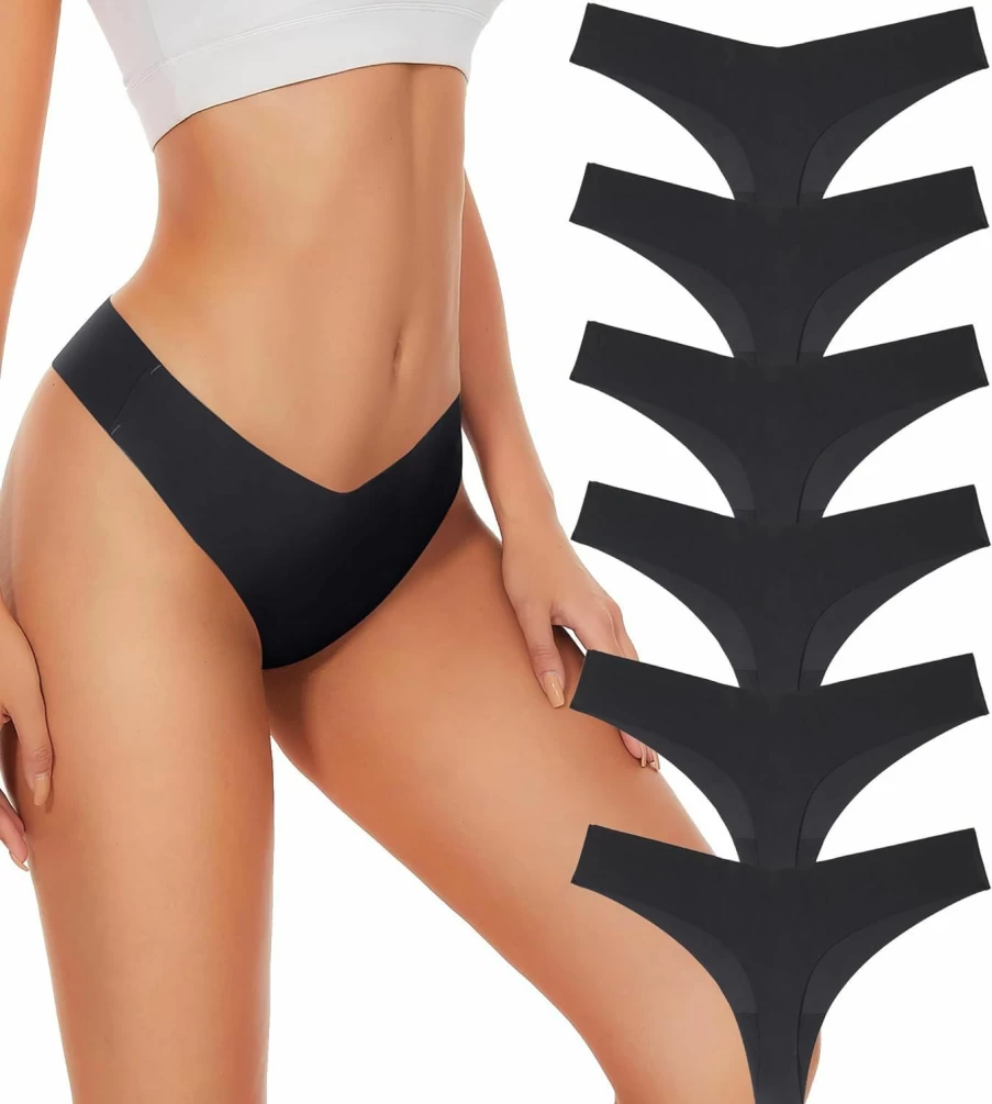Hellopopgo Women's 6-Pack Seamless No Show Thong Panties - Breathable V-Waisted Underwear for Comfort & Invisible Fit