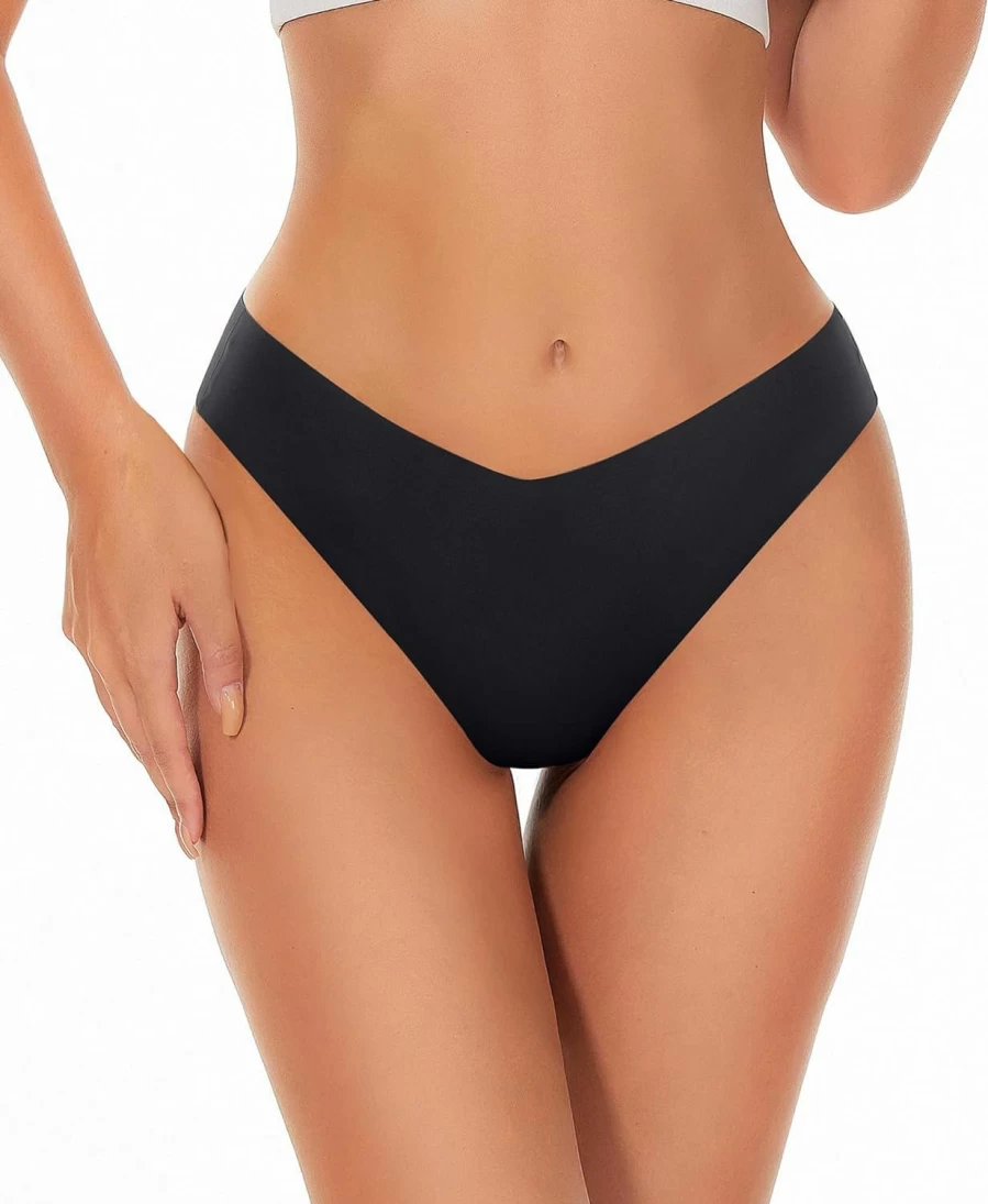 Hellopopgo Women's 6-Pack Seamless No Show Thong Panties - Breathable V-Waisted Underwear for Comfort & Invisible Fit