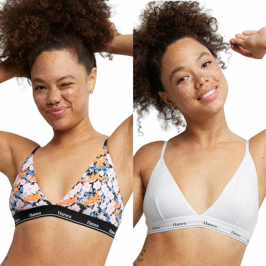Hanes Women's Breathable Cotton Triangle Bralette 2-Pack - Stretch Comfort Bras