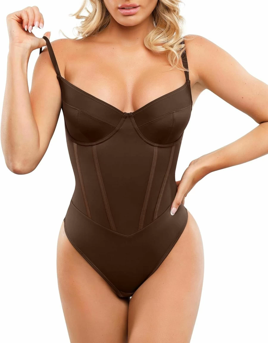 Popilush Women's V-Neck Corset Bodysuit with Built-In Bra - Tummy Control Shapewear for Club & Concert Outfits