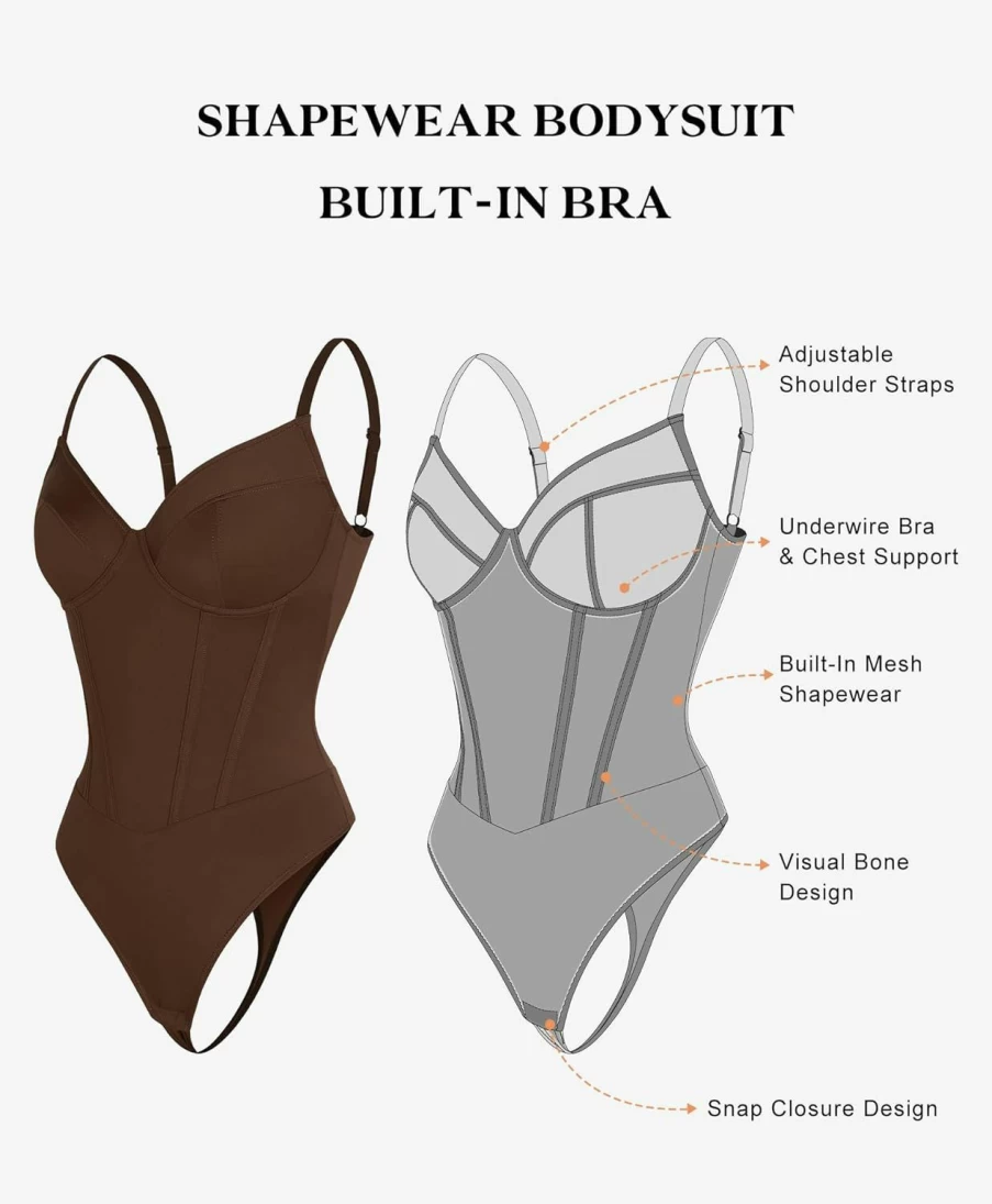Popilush Women's V-Neck Corset Bodysuit with Built-In Bra - Tummy Control Shapewear for Club & Concert Outfits
