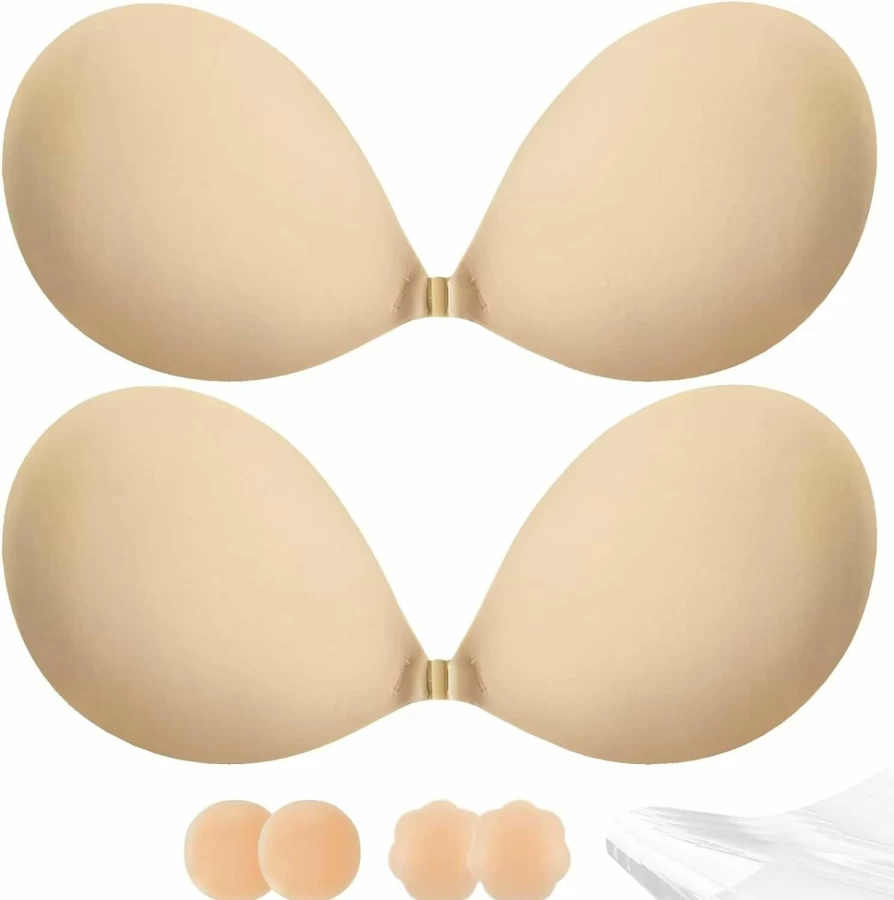 Alki'i Reusable Adhesive Push-Up Bra for Women - 2 Pair Invisible Backless Strapless Sticky Bras with Nipple Covers, Nude & Nude/C, Perfect for Wedding Dresses