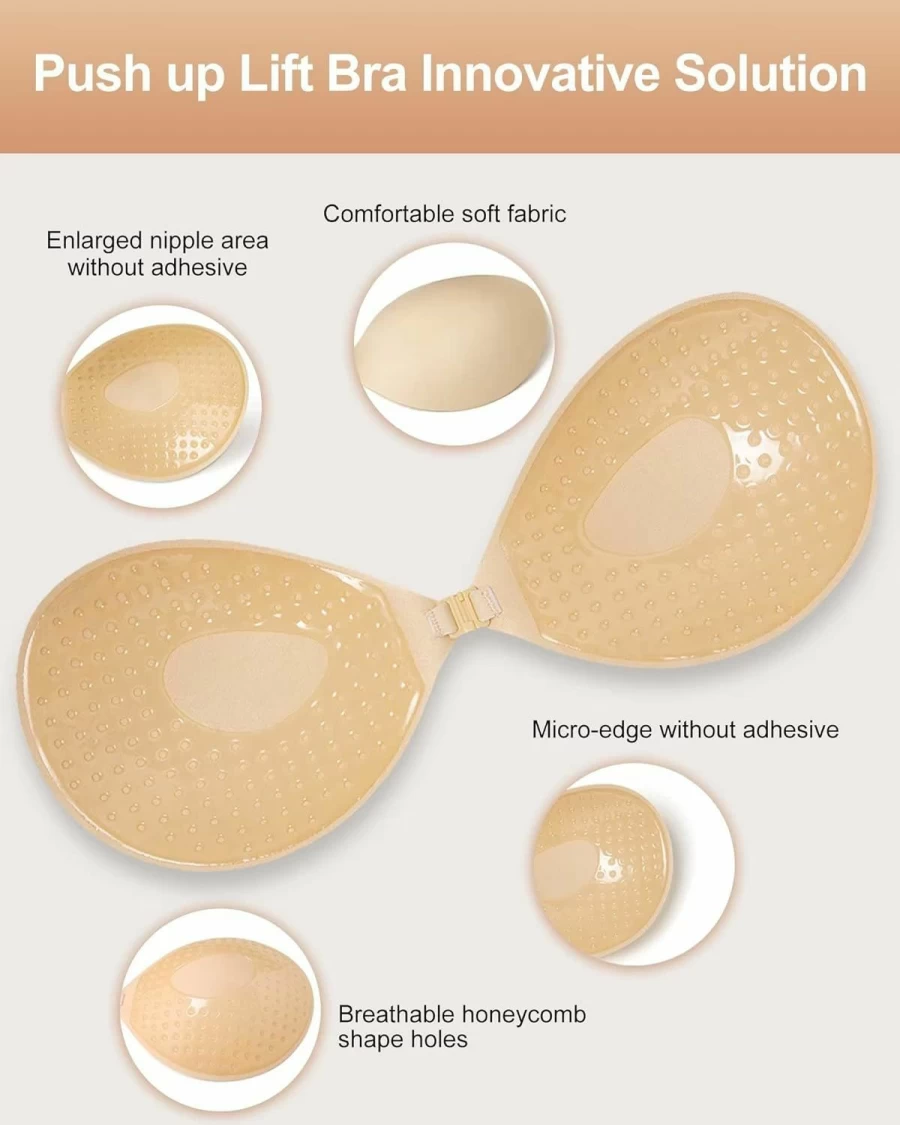 Alki'i Reusable Adhesive Push-Up Bra for Women - 2 Pair Invisible Backless Strapless Sticky Bras with Nipple Covers, Nude & Nude/C, Perfect for Wedding Dresses