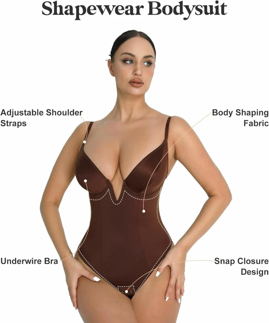 Popilush Women's Tummy Control Shapewear Bodysuit - V Neck Thong Tank Top Slimming Underwear