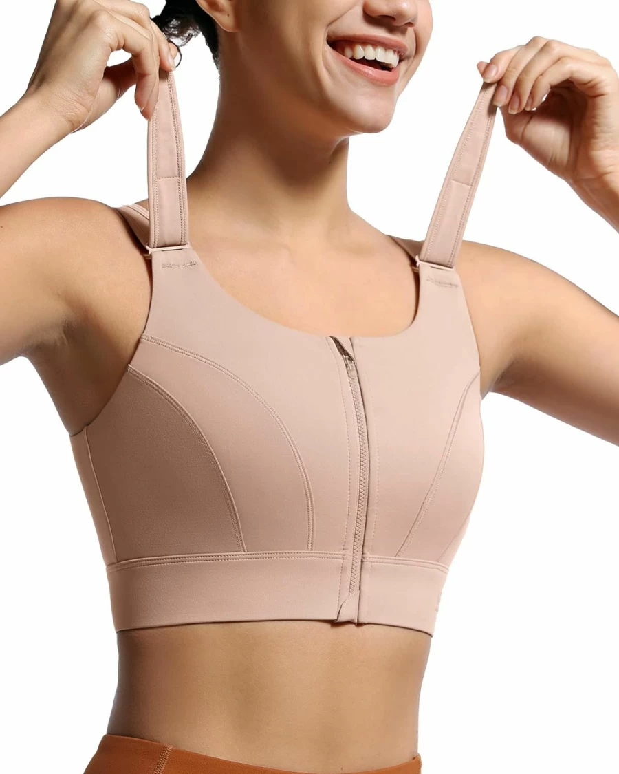 VFUS Women's Zip-Front Adjustable High-Impact Sports Bra - Padded Full Coverage Compression Top for Support & Lift