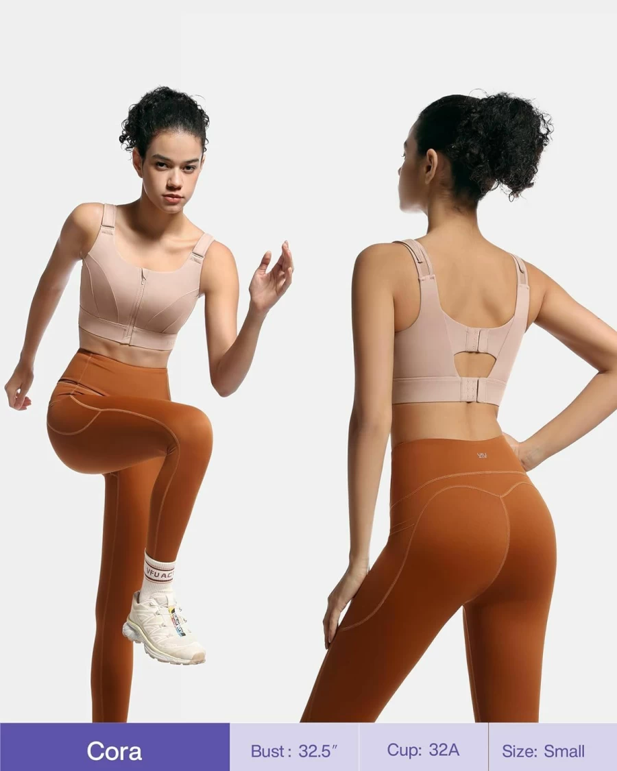 VFUS Women's Zip-Front Adjustable High-Impact Sports Bra - Padded Full Coverage Compression Top for Support & Lift