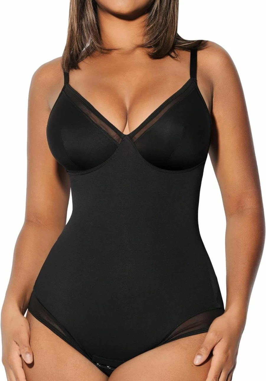 FeelinGirl Women's Tummy Control Shapewear Bodysuit - Lace & Mesh Slimming Body Suit with Deep V Neck & Thong Design for 2024
