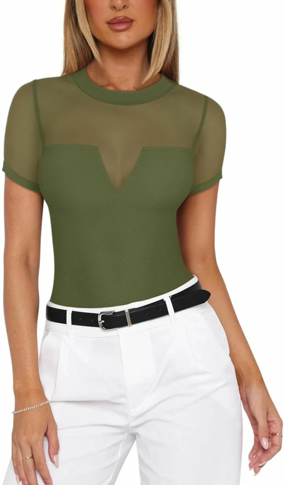 REORIA Women's Sexy Cutout Mesh Bodysuit Top - Mock Turtle Neck V-Neck Sheer Short Sleeve Going Out Shirts Trendy Tops