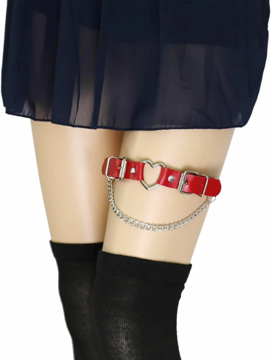 Alisikee Women's Leather Thigh Garters with Chains - 2PCS Rock Heart Elastic Leg Garter Belt for Gothic Fashion Accessories